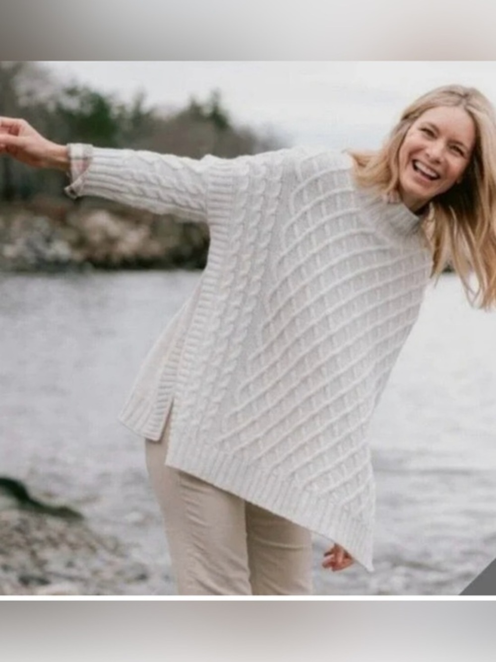 Mer Sea Lisbon Traveler Cable Knit Mock Neck Poncho Sweater OS Ivory Coastal